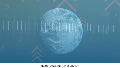 Image of financial data processing and arrows over globe on blue background. global finance, business and digital interface concept digitally generated image. - Powered by Shutterstock - Get 15% off with code: PIKWIZARD15