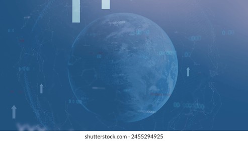 Image of financial data processing and arrows over globe on blue background. global finance, business and digital interface concept digitally generated image.