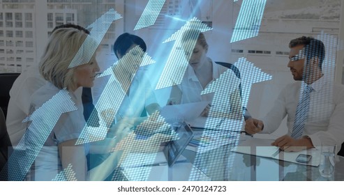 Image of financial data processing and arrows over business people. Global business, computing, connections and data processing concept digitally generated image.