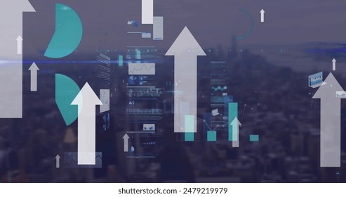 Image of financial data processing and arrows over cityscape. Global business, finances, computing and data processing concept digitally generated image.