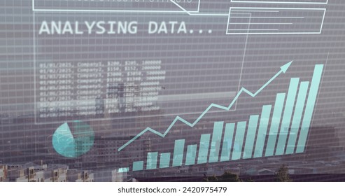 Image of financial data processing and binary coding over cityscape. Global business, finances, computing and data processing concept digitally generated image.
