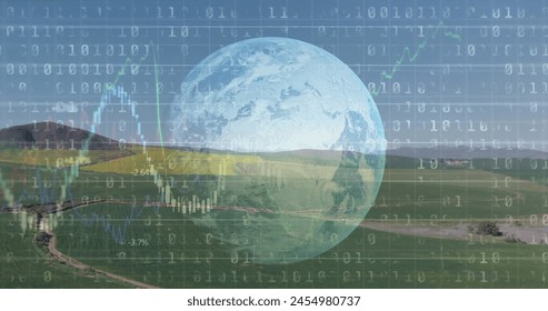 Image of financial data processing binary coding over earth and countryside. global environment, sustainability and finance concept digitally generated image.