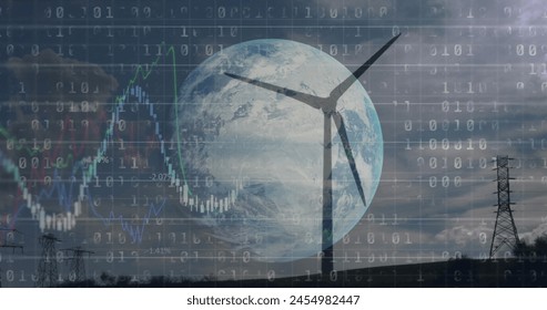 Image of financial data processing binary coding over earth and wind turbine. global environment, sustainability and finance concept digitally generated image. - Powered by Shutterstock