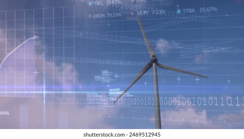 Image of financial data processing and binary coding over wind turbine. global environment, sustainability, data processing and business concept digitally generated image. - Powered by Shutterstock