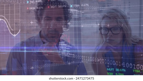 Image of financial data processing binary coding and statistics over diverse business people. Global business, finance and data processing concept digitally generated image.