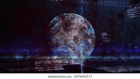 Image of financial data processing, binary coding and globe on digital screen. global business, digital interface, technology and networking concept digitally generated image.