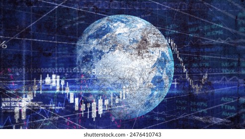 Image of financial data processing, binary coding and globe on digital screen. global business, digital interface, technology and networking concept digitally generated image.