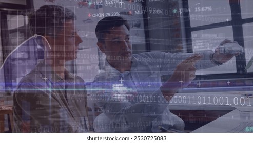 Image of financial data processing and binary coding over caucasian students. Global data processing and development concept digitally generated image.