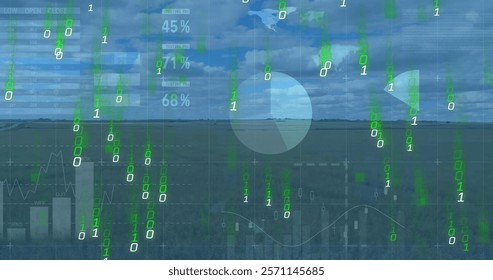 Image of financial data processing and binary coding over landscape. Global finance, business, connections, computing and data processing concept digitally generated image.
