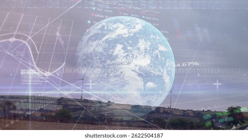 Image of financial data processing binary coding over earth and wind turbine. global environment, sustainability and finance concept digitally generated image. - Powered by Shutterstock - Get 15% off with code: PIKWIZARD15