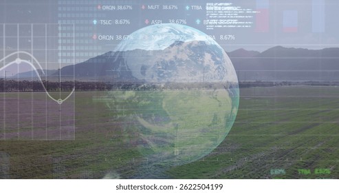 Image of financial data processing binary coding over earth and wind turbines. global environment, sustainability and finance concept digitally generated image.