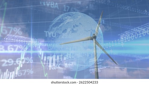 Image of financial data processing binary coding over earth and wind turbine. global environment, sustainability and finance concept digitally generated image. - Powered by Shutterstock - Get 15% off with code: PIKWIZARD15