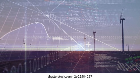 Image of financial data processing binary coding over wind turbines. global environment, sustainability and finance concept digitally generated image.