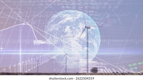 Image of financial data processing binary coding over earth and wind turbine. global environment, sustainability and finance concept digitally generated image.