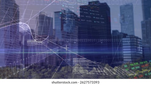 Image of financial data processing binary coding over cityscape. Global business, finance and data processing concept digitally generated image. - Powered by Shutterstock - Get 15% off with code: PIKWIZARD15