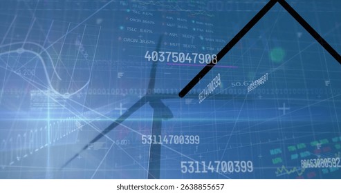Image of financial data processing and binary coding over wind turbines. Global data processing, sustainability and environment concept digitally generated image.