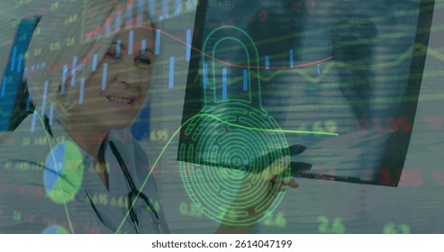 Image of financial data processing and biometric padlock over caucasian female doctor. global medicine, healthcare services and data processing concept digitally generated image.