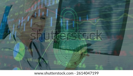Image of financial data processing and biometric padlock over caucasian female doctor. global medicine, healthcare services and data processing concept digitally generated image.