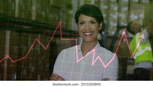 Image of financial data processing and biracial female worker in warehouse. Global finances, delivery, shipping, computing and digital interface concept digitally generated image.