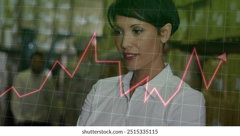 Image of financial data processing and biracial female worker in warehouse. Global finances, delivery, shipping, computing and digital interface concept digitally generated image.