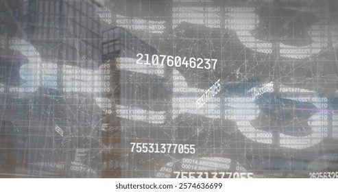 Image of financial data processing and block chain over office building. Global finance, business, connections, computing and data processing concept digitally generated image.