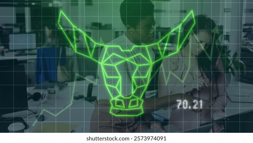 Image of financial data processing and bull icon over diverse colleagues working in office. Global business, finances, computing and digital interface concept digitally generated image.