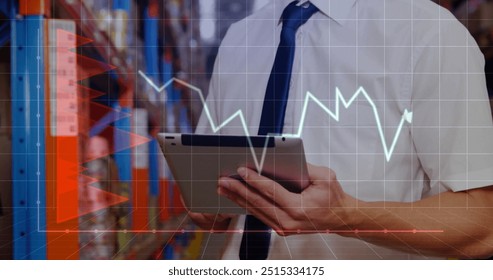 Image of financial data processing and caucasian male worker using tablet in warehouse. Global finances, delivery, shipping, computing and digital interface concept digitally generated image.