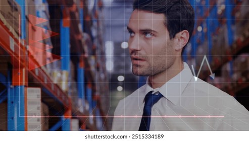 Image of financial data processing and caucasian male worker using tablet in warehouse. Global finances, delivery, shipping, computing and digital interface concept digitally generated image.