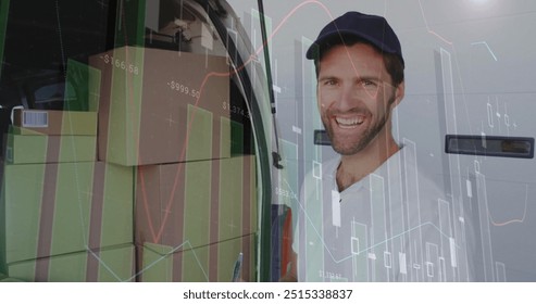 Image of financial data processing and caucasian delivery man. Global finances, delivery, shipping, computing and digital interface concept digitally generated image. - Powered by Shutterstock