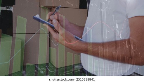 Image of financial data processing and caucasian delivery man. Global finances, delivery, shipping, computing and digital interface concept digitally generated image. - Powered by Shutterstock