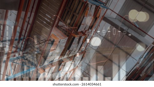 Image of financial data processing and caucasian man over empty warehouse. global shipping, delivery and connections concept digitally generated image.