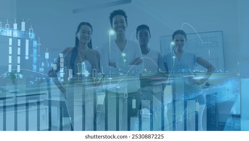 Image of financial data processing and cityscape over diverse business people in office. Global business and digital interface concept digitally generated image.
