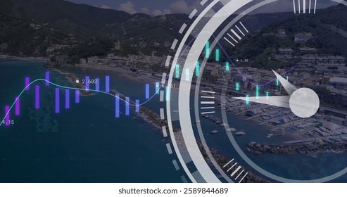 Image of financial data processing and clock over cityscape. Global finance, business, connections, computing and data processing concept digitally generated image. - Powered by Shutterstock - Get 15% off with code: PIKWIZARD15