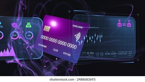 Image of financial data processing and credit card over light trails on black background. Finances, business, computing and digital interface concept digitally generated image. - Powered by Shutterstock - Get 15% off with code: PIKWIZARD15