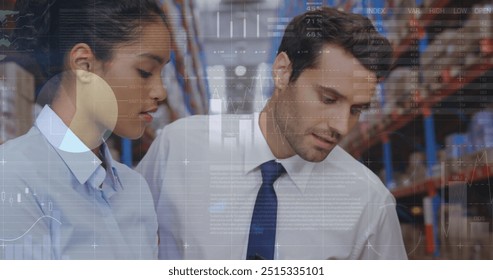 Image of financial data processing and diverse workers in warehouse. Global finances, delivery, shipping, computing and digital interface concept digitally generated image.