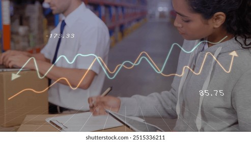 Image of financial data processing and diverse workers in warehouse. Global finances, delivery, shipping, computing and digital interface concept digitally generated image.