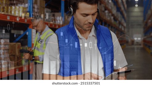 Image of financial data processing and diverse workers in warehouse. Global finances, delivery, shipping, computing and digital interface concept digitally generated image.