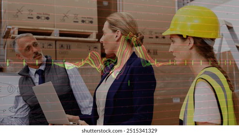 Image of financial data processing and diverse workers in warehouse. Global finances, delivery, shipping, computing and digital interface concept digitally generated image. - Powered by Shutterstock - Get 15% off with code: PIKWIZARD15