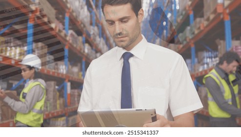Image of financial data processing and diverse workers in warehouse. Global finances, delivery, shipping, computing and digital interface concept digitally generated image.