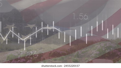 Image of financial data processing and flag of usa over landscape. global finance, business and digital interface concept digitally generated image. - Powered by Shutterstock