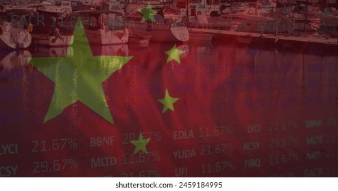 Image of financial data processing and flag of china over landscape. Global finance, business, connections, computing and data processing concept digitally generated image.