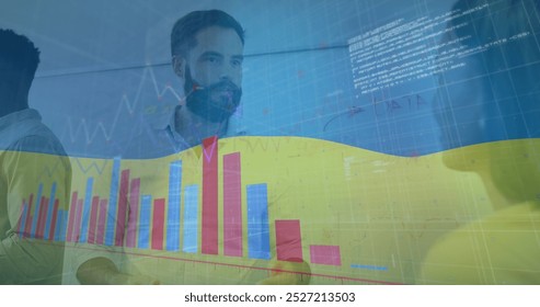 Image of financial data processing and flag of ukraine over diverse business people. Global business, computing and digital interface concept digitally generated image. - Powered by Shutterstock