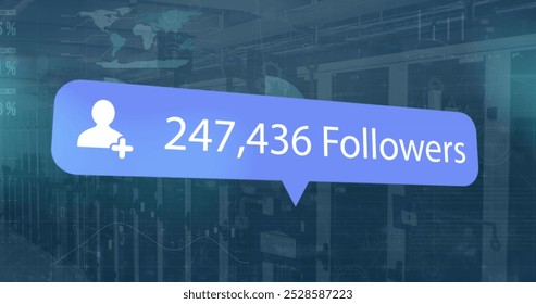 Image of financial data processing and followers number over server room. Global technology, online security and digital interface concept digitally generated image.