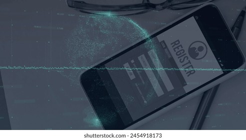 Image of financial data processing and globe over smartphone on desk. global business, finances and digital interface concept digitally generated image.