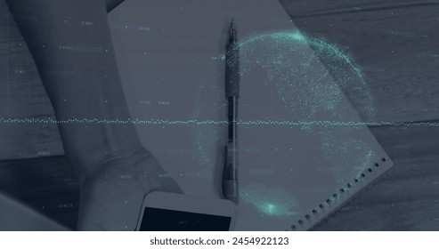 Image of financial data processing and globe over hand holding smartphone. global business, finances and digital interface concept digitally generated image.