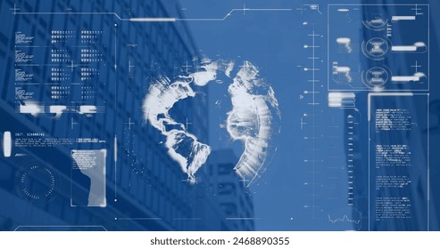 Image of financial data processing with globe over cityscape. Global business, finances and digital interface concept digitally generated image. - Powered by Shutterstock - Get 15% off with code: PIKWIZARD15
