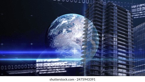 Image of financial data processing and globe over modern building. Global business, finances and digital interface concept digitally generated image.