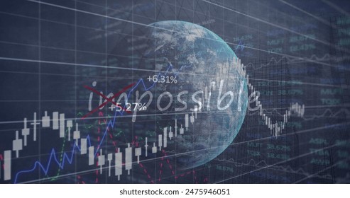 Image of financial data processing and globe over impossible text. Global business, finances and digital interface concept digitally generated image.