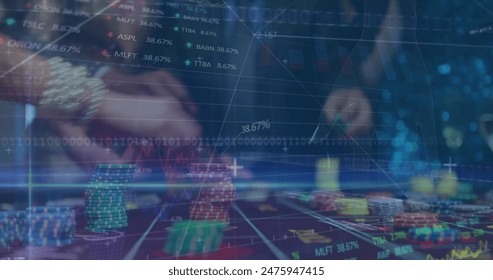 Image of financial data processing and globe over diverse people in casino. Global business, finances and digital interface concept digitally generated image.