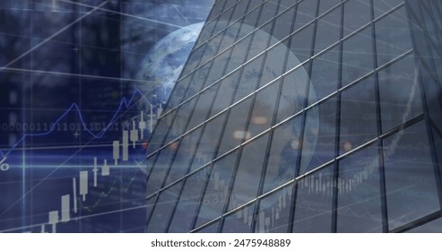 Image of financial data processing and globe over modern building. Global business, finances and digital interface concept digitally generated image.
